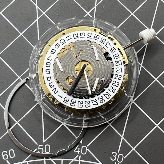ISA 8171 quartz watch movement with date at 4, white dial, 6 hands, Swiss made mechanism.