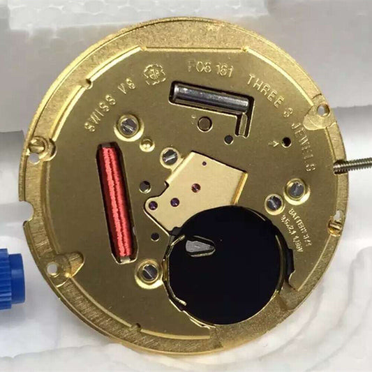 ETA F06.161 quartz watch movement showing three hands and date display at 3 o'clock position, precision timekeeping.