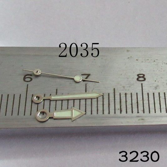 Set of luminous watch hands for Miyota 2035 movement, enhancing visibility and style.