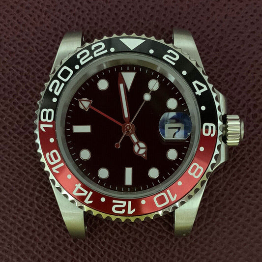 40mm GMT watch case by 3804 with 316L stainless steel, sapphire glass, and luminous hands for precision timekeeping.