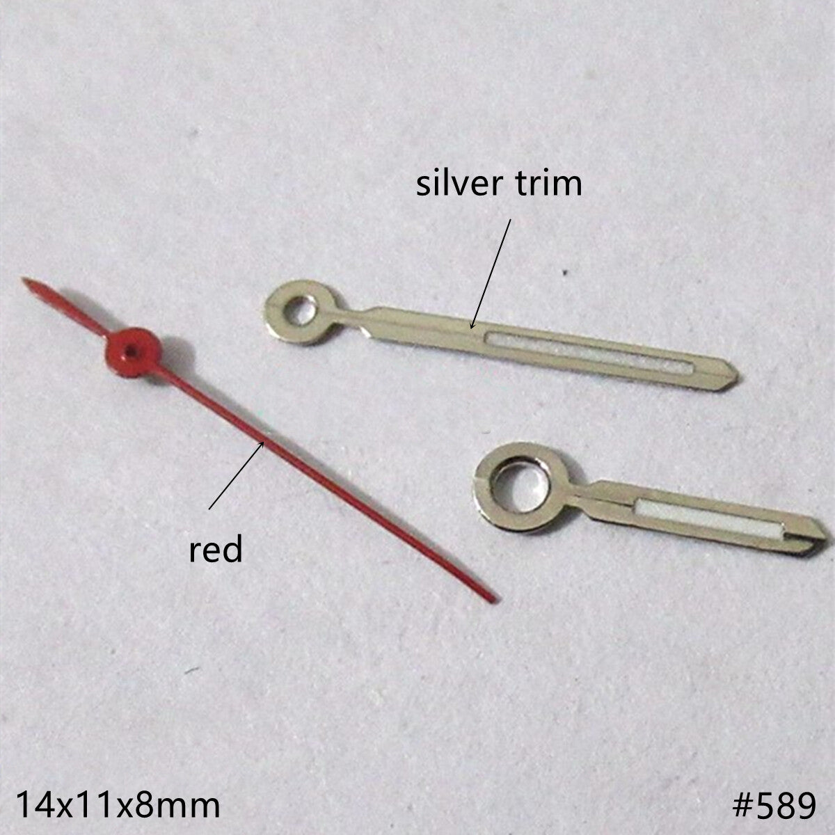 14mm silver-trimmed green lume watch hands set compatible with Miyota 2035, 2115, 2105, 2305 movements.