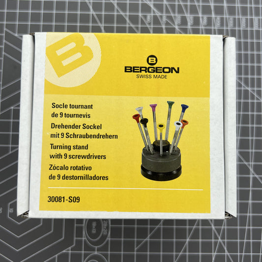 Bergeon 30081-S09 Swiss Made ergonomic 9-piece screwdriver set for precise watch repairs.