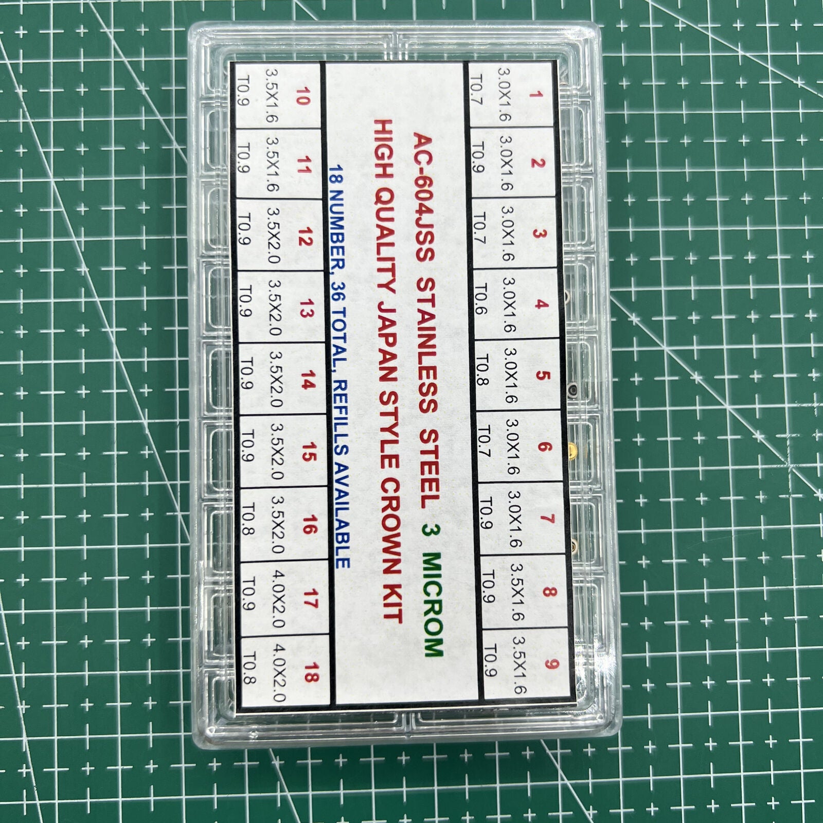 Stainless steel watch crown assortment kit with 36 high-quality pieces, Japan style for precise repairs.