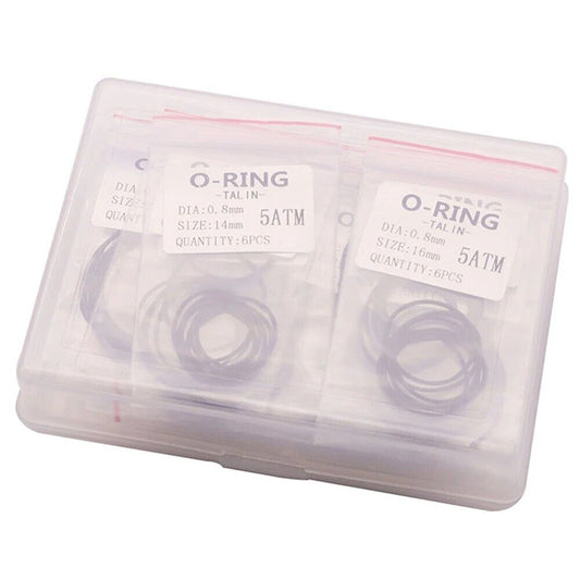 Set of 132 assorted 0.5-0.8mm silicone watch gasket O-rings for watch back case sealing.