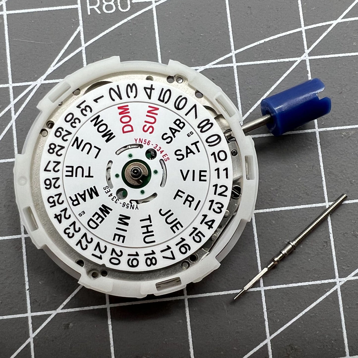 Japan Epson YN56 mechanical watch movement showing date and day display for watch repair.