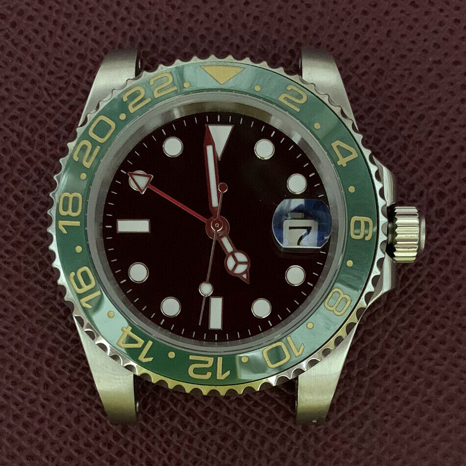 Boîtier de montre GMT 40 mm en acier inoxydable 3804 316L, verre saphir, aiguilles lumineuses