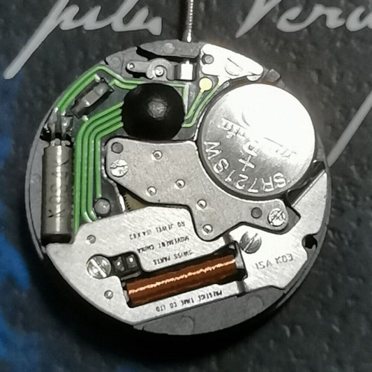 Swiss Made ISA K83 quartz watch movement with 3 hands, date at 6, and star moon phase display.