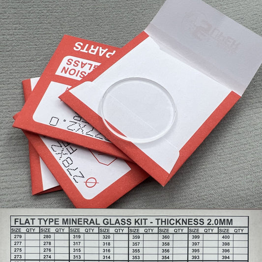 Set of 32 round 2.0mm thick watch glass crystals, 27.3-40.0mm, ideal for watch repair and replacement.