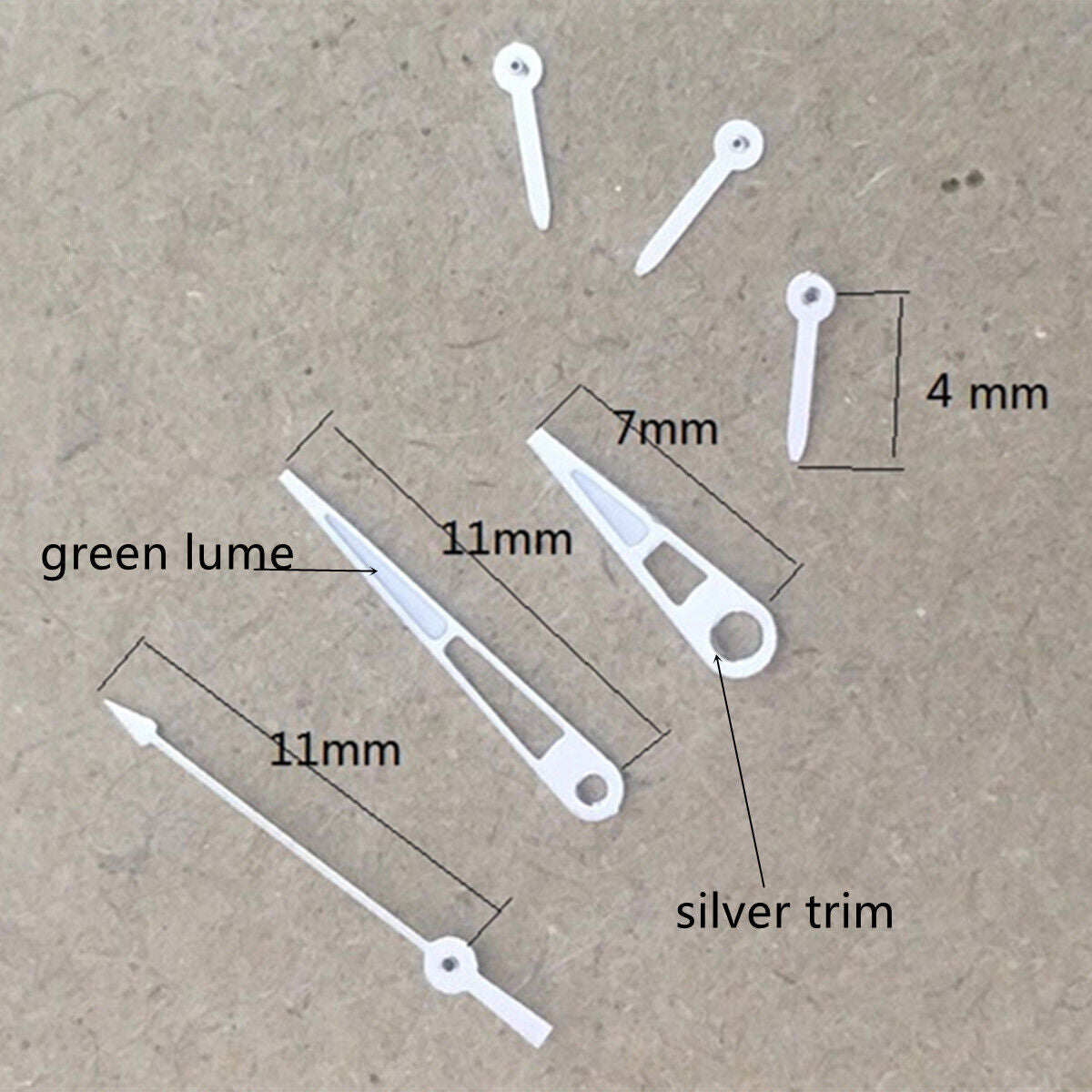 Aiguilles de montre pointues argentées de 11 mm avec lumens verts pour mouvement VD53, VD54 et VD57