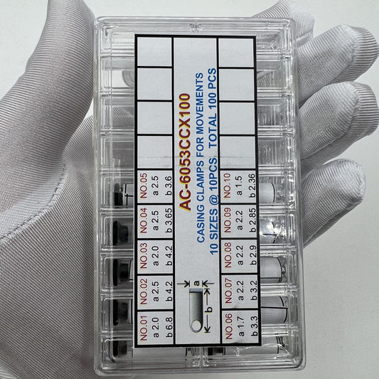 Casing clamps for watch movements, 10 sizes, 100pcs/box, durable watch accessory.