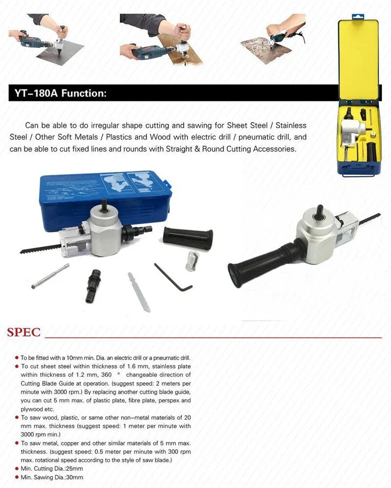 Double head YT-180A metal nibbler cutter attachment by YT for power drills, perfect for precise sheet metal cutting.
