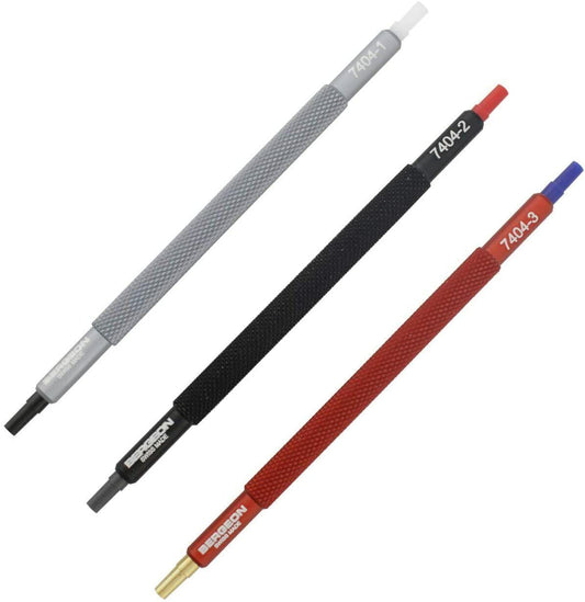 Bergeon 7404 three-piece quartz watch hand fitting tool set for precise watch repair.