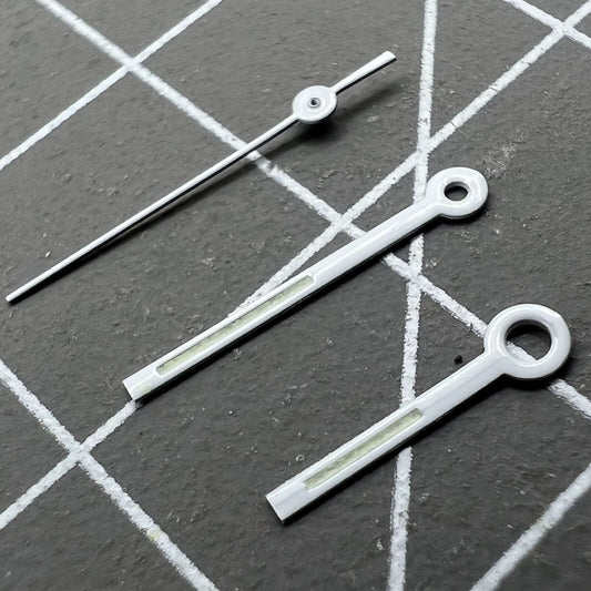 Silver-trimmed green lume square tip watch hands, compatible with Miyota 6M12 quartz movement, enhancing readability.