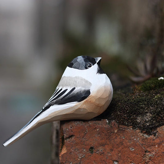 Handcrafted black-capped chickadee wooden figurine, perfect for home decor and gifts.