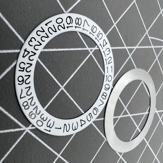 Set of 2 date disk wheels for NH35 NH36 watch movement with date at 3, white background, precise fit.