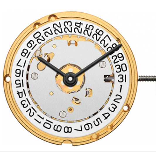 ETA E61.041 quartz watch movement with 2 hands and date function for precise timekeeping.