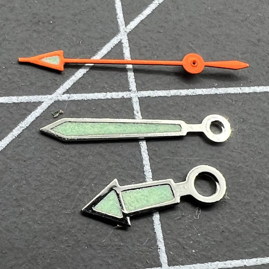 Set of 13mm silver trim green lume hands for Miyota 2035, 2115 watch movements.