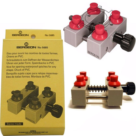 Bergeon 5685 large waterproof watch case vice holder for secure watch repair and assembly.