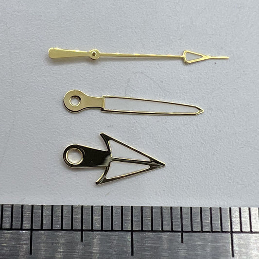 Arrow shape golden trim lume watch hands for Miyota NH35 movement, enhancing style and visibility.