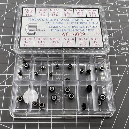 Black plated stainless steel watch crowns assortment kit, 24 pieces, 12 sizes for watch repairs ?.