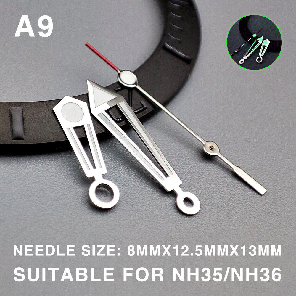 Silver hollow 13mm pointed watch hands with green lume for Miyota NH35/NH36/NH38 movements.