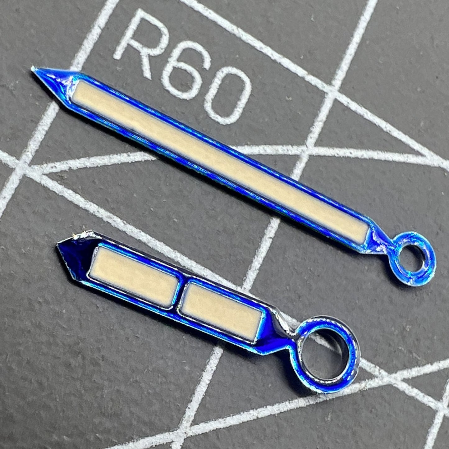 Blue trimmed watch hands with strong green lume for Seagull ST3600/ST3621 and ETA 6497/6498 movements.