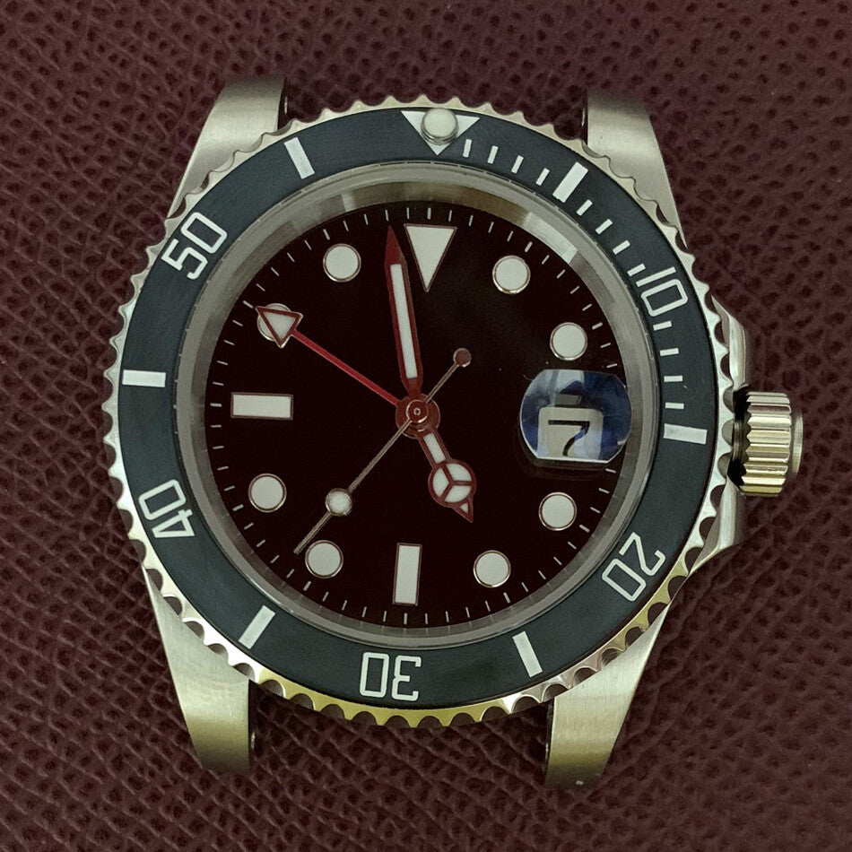Boîtier de montre GMT 40 mm en acier inoxydable 3804 316L, verre saphir, aiguilles lumineuses