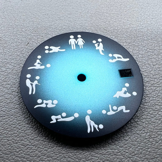 28.5mm green lume watch dial with gradual sky blue gradient, fits NH35 NH36 movements, by Adult Love.