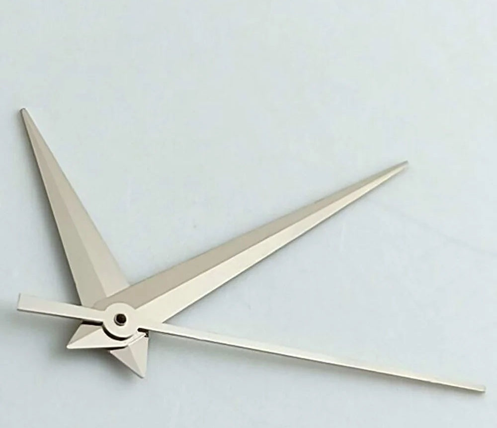 Silver trim arrow-shaped watch hands by NO Lume, compatible with NH35 NH36 7S26 NH70 NH72 movements, precision style.