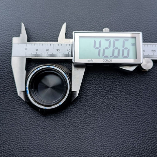 42.5mm silver watch case with black and red bezel, black ring, compatible with NH35 NH36 NH38 NH70 movements, brand name included.