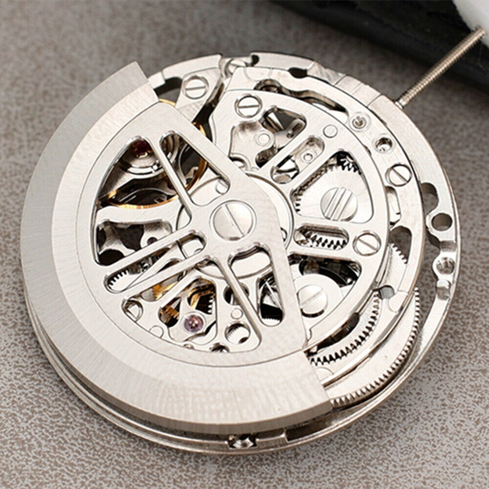 Asian HZ7590A silver watch with hollow balance wheel displaying intricate automatic mechanical movement details.