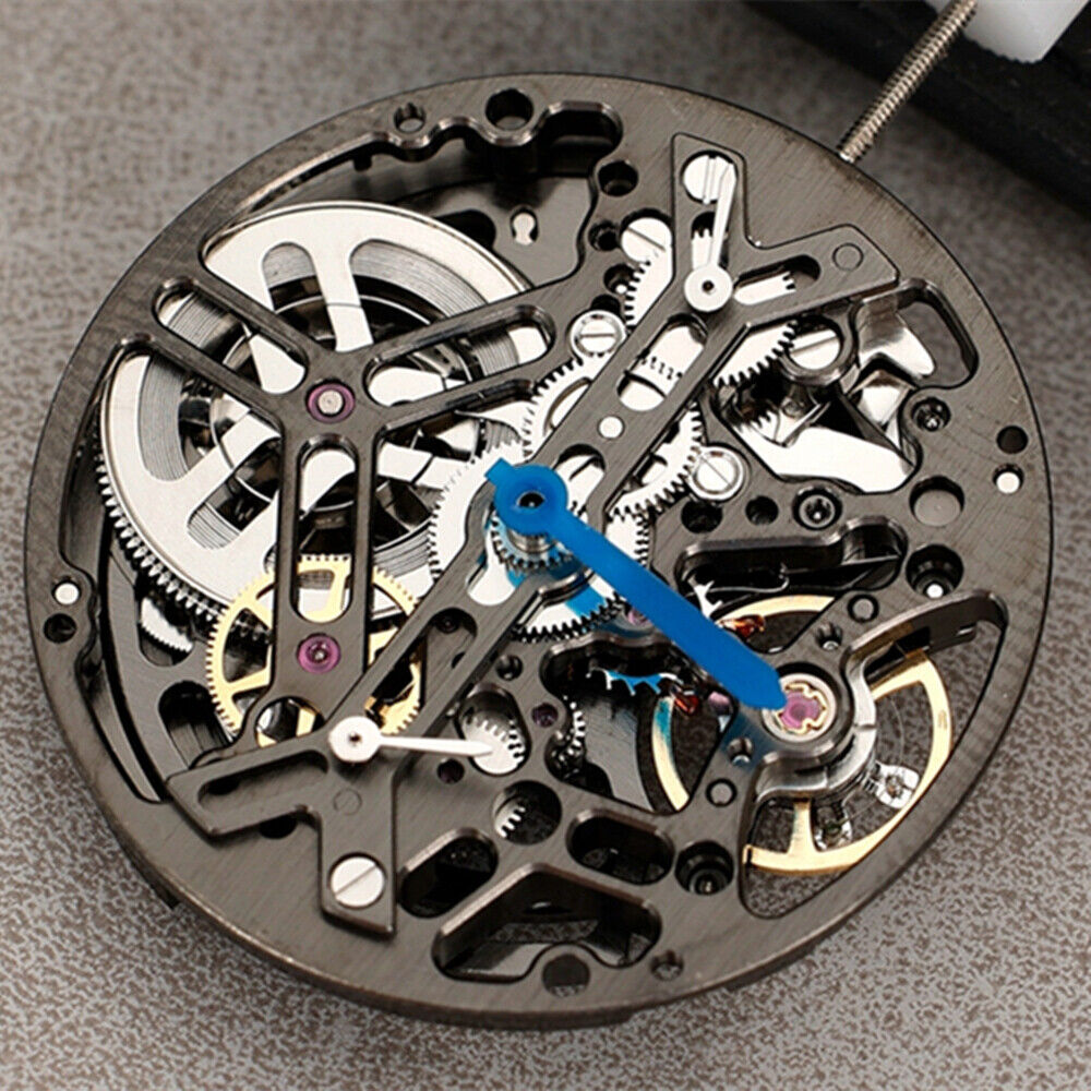 Asian HZ7590D black hollow balance wheel showcasing automatic mechanical watch movement details.