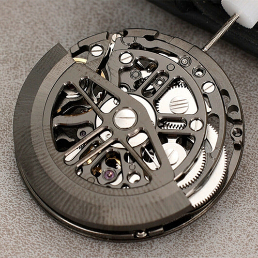 Asian HZ7590D black hollow balance wheel showcasing automatic mechanical watch movement details.