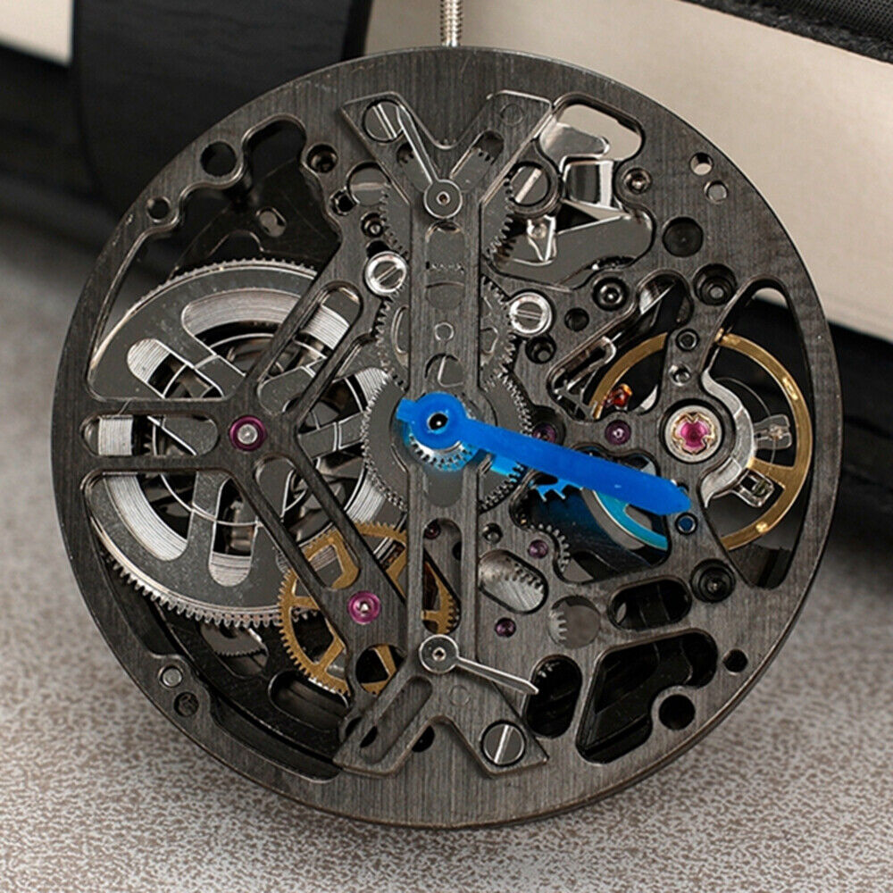 Asian HZ7590D black watch with hollow balance wheel displaying automatic mechanical movement precision.