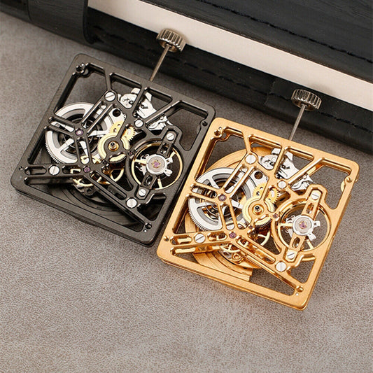 Asian HZ1B01D watch accessory with silver, golden, and black hollow square design, automatic mechanical movement.