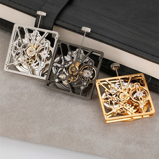 Asian HZ1B02D watch accessory with silver, golden, and black hollow square design; automatic mechanical movement visible.