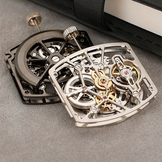 Asian HZ1C00D silver and black hollow barrel watch accessory with automatic mechanical movement detail.