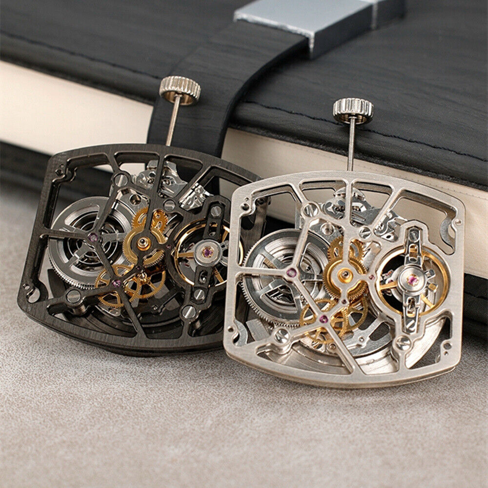 Asian HZ1C00D silver and black hollow barrel watch accessory showcasing automatic mechanical movement details.