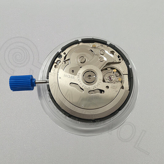 NH34 automatic mechanical GMT watch movement with hacking seconds, red disk wheel, and white font details.