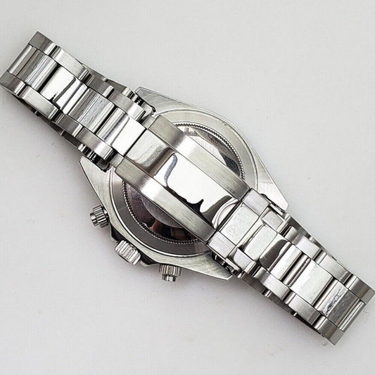 39mm stainless steel chronograph watch with sapphire glass and white dial by VK63, precise quartz movement