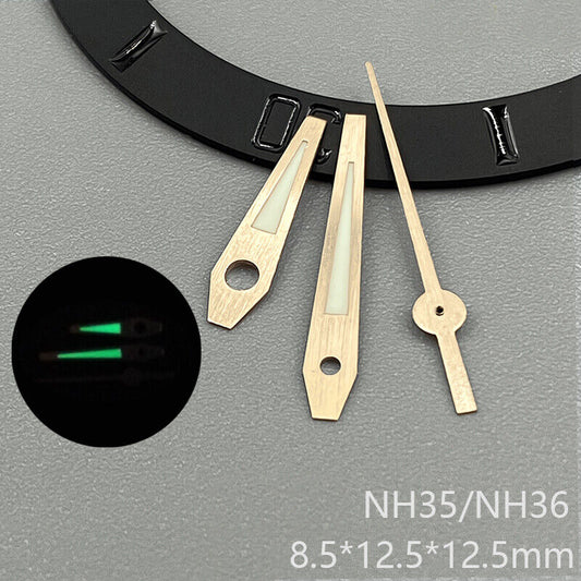 Rose gold luminous watch hands with green glow, compatible with NH35 NH36 NH38 NH70 NH71 NH72 movements.