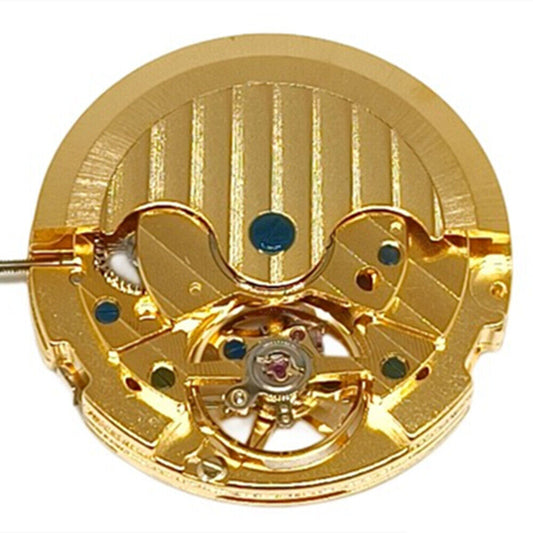 Golden automatic mechanical watch with moon star phase at 12 o'clock and visible flywheel, China-made.