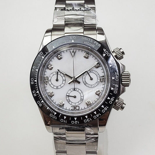 39mm VK63 chronograph watch with sapphire glass, white dial, quartz movement