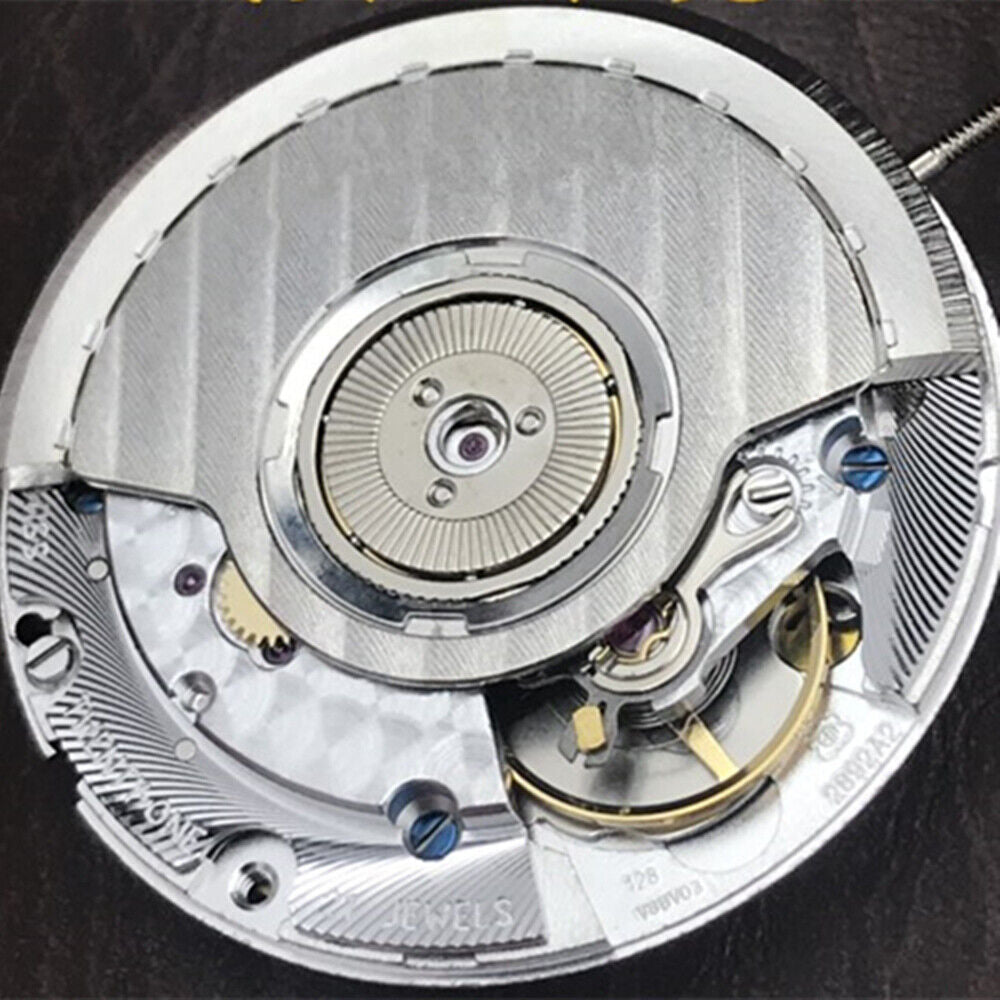 Close-up of Swiss Made ETA2892A2 Geneva V8 mechanical watch movement highlighting precision craftsmanship and durability.