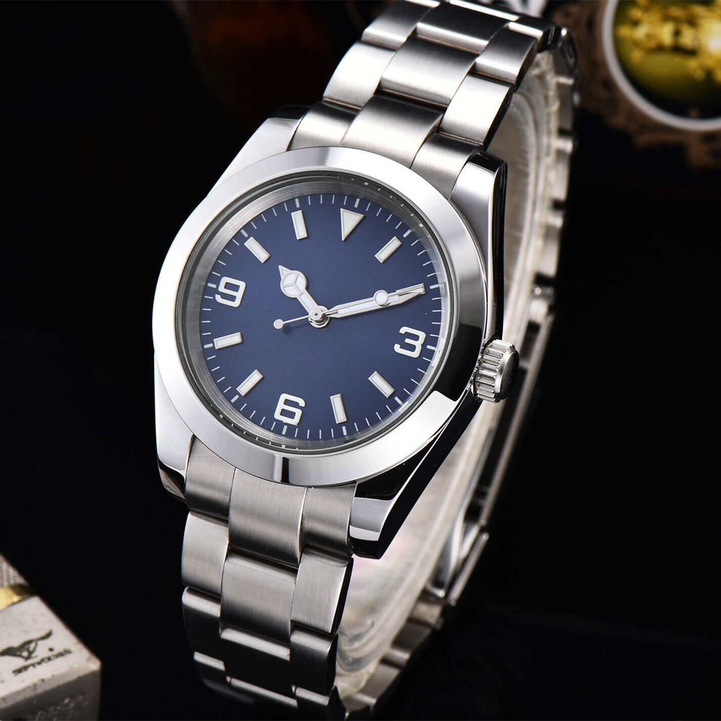 Montre-bracelet pour homme 316L 40 mm, verre saphir, étanche, cadran bleu, aiguilles argentées