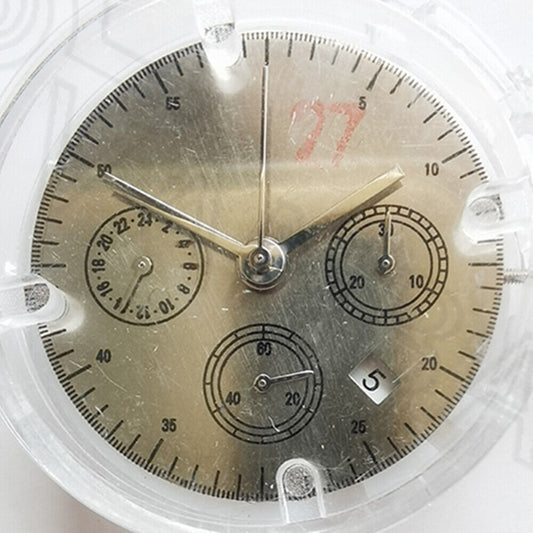 Asian 7750 7753 mechanical movement watch with white dial, small second at 6, single calendar at 4.5, branded.