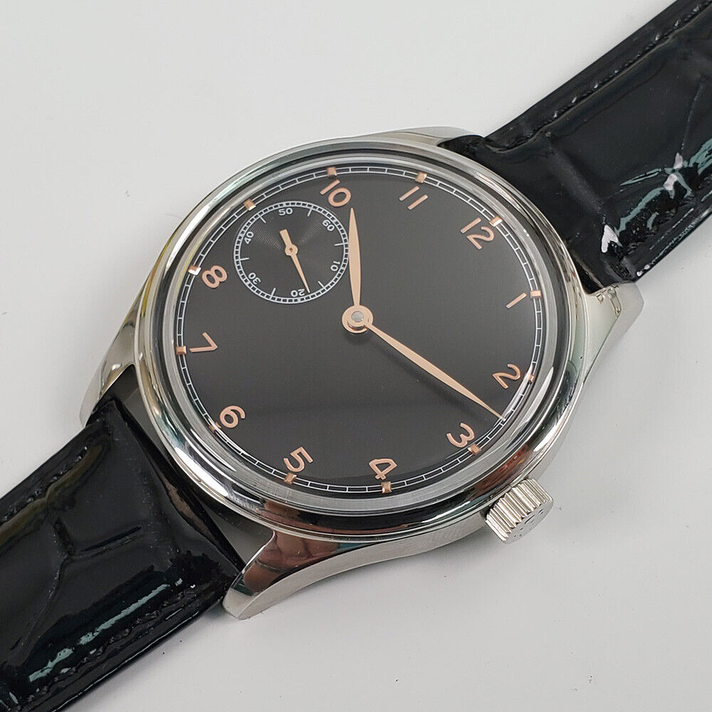 42mm Seagull ST3600 men's watch with manual mechanical movement and black dial, classic style.