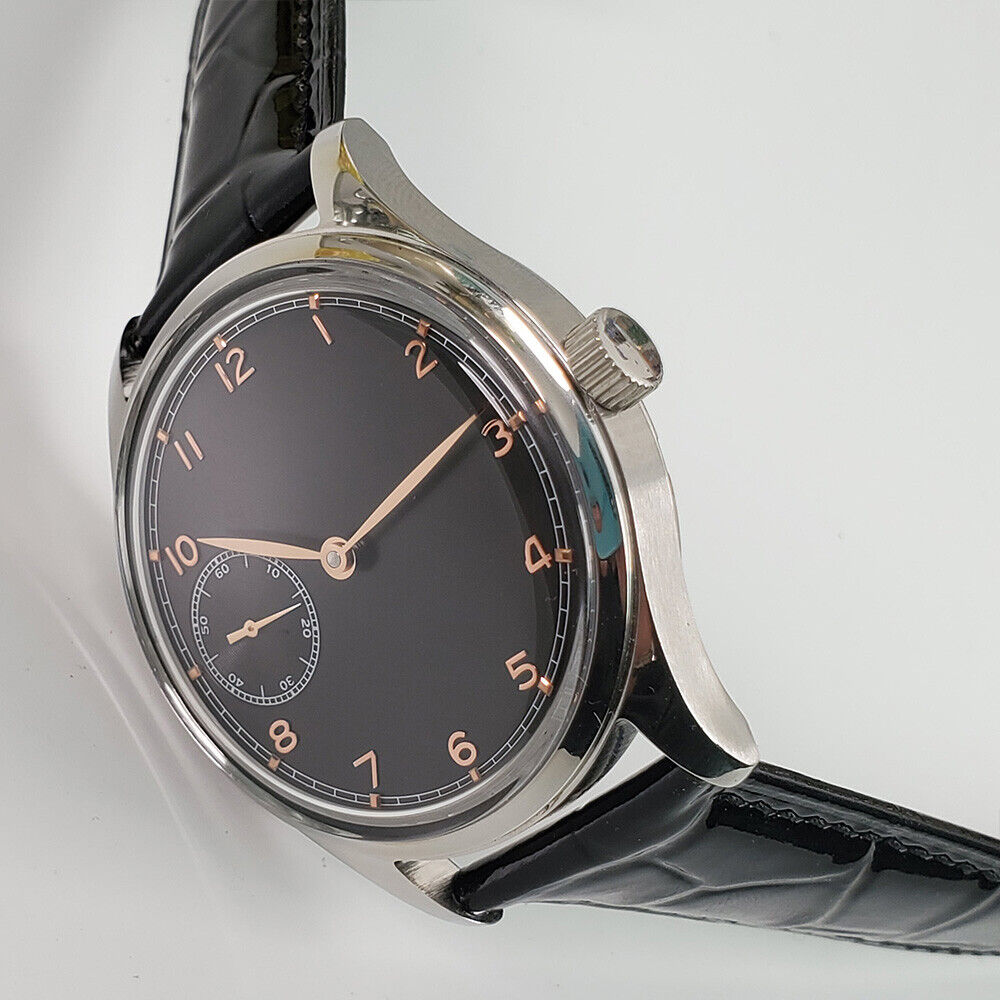 42mm Seagull ST3600 men's watch with manual movement, black dial, classic design for elegant wear.