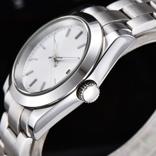 316L stainless steel 40mm men's wristwatch, waterproof with sapphire glass and white dial.