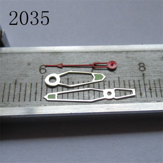 Hollow green luminous watch hands set for Miyota 2035 movement, enhancing night visibility and style.
